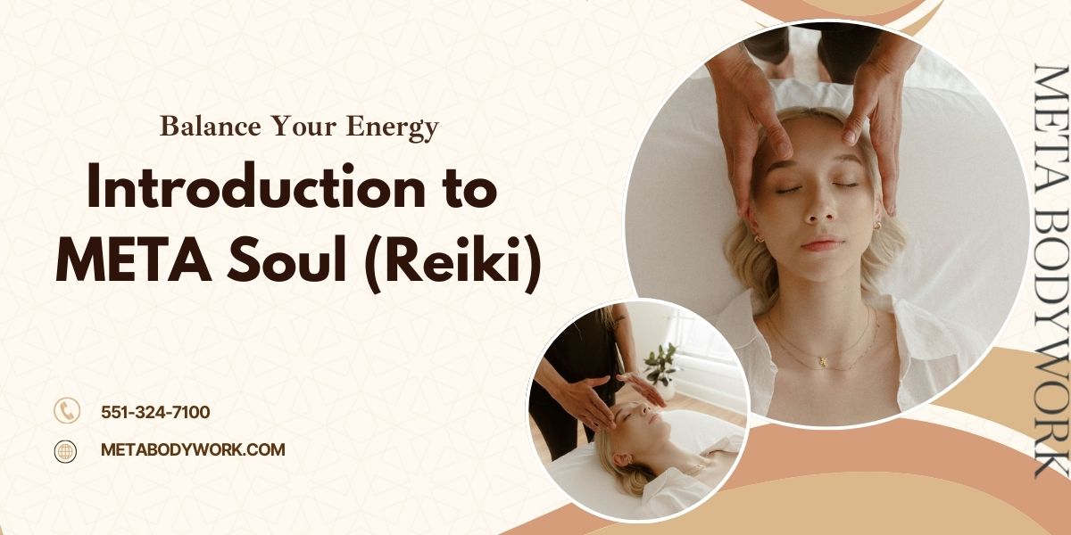 A calm, serene woman lying on a massage table during a Reiki session at META Bodywork in Jersey City, surrounded by healing energy and soft light.