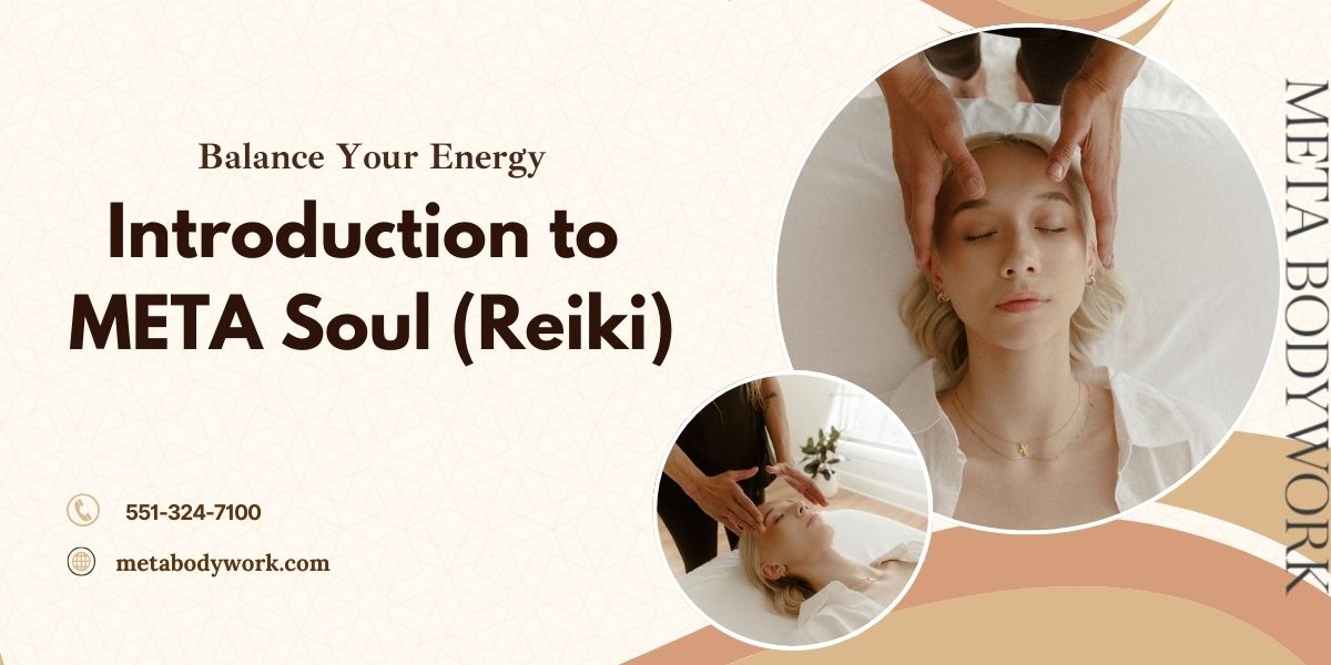A calm, serene woman lying on a massage table during a Reiki session at META Bodywork in Jersey City, surrounded by healing energy and soft light.