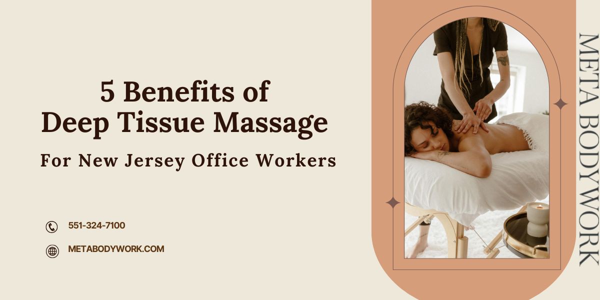 Office worker receiving deep tissue massage in New Jersey for stress relief and muscle tension.