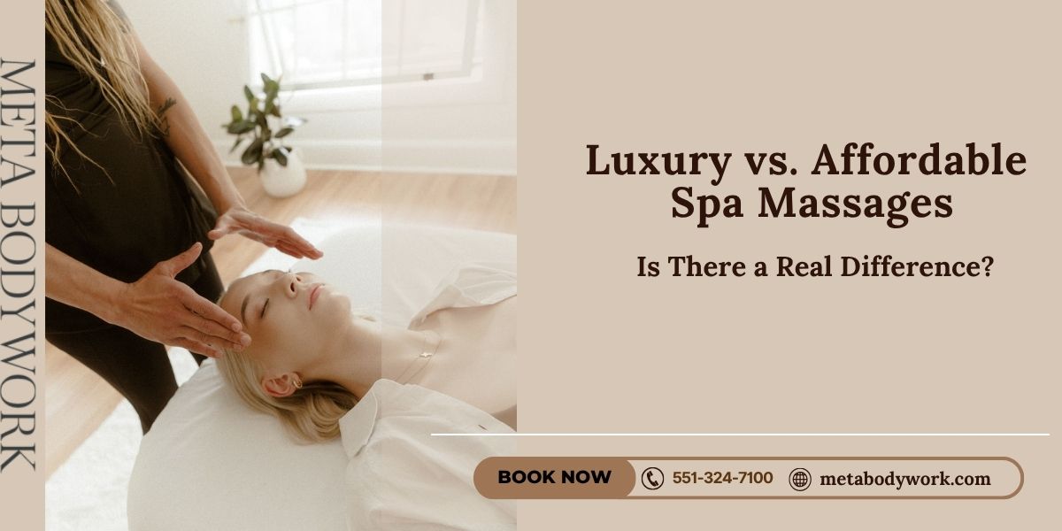 Side-by-side view of a luxury spa with ambient lighting and an affordable spa with a clean, simple setup.