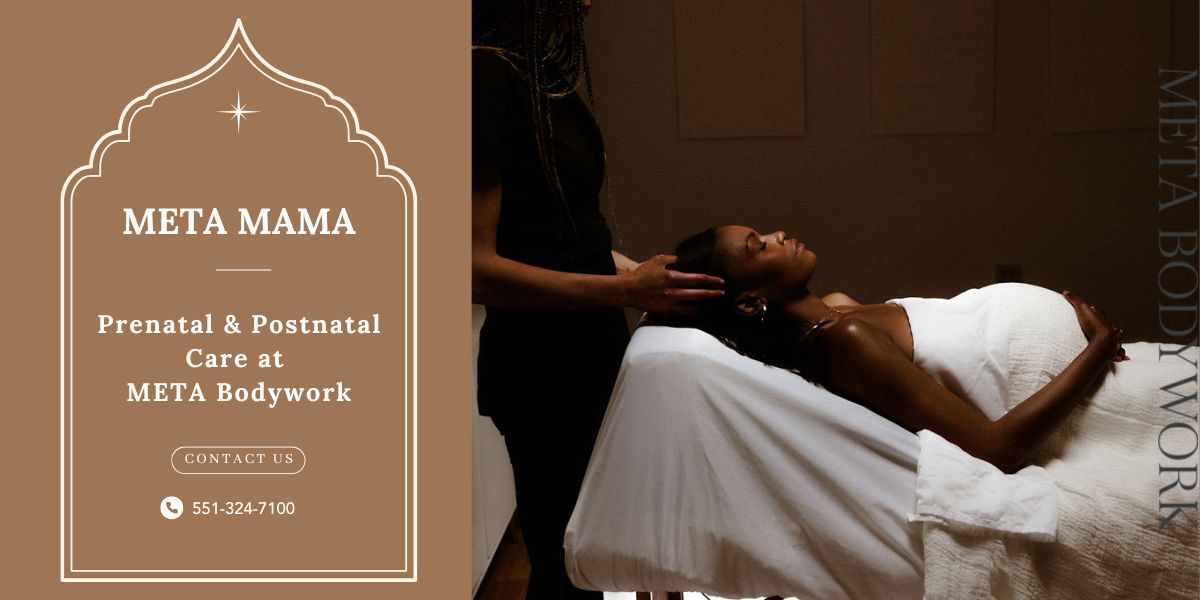 Pregnant woman receiving a relaxing prenatal massage at META Bodywork in Jersey City, part of the META Mama care program for expecting and new moms.