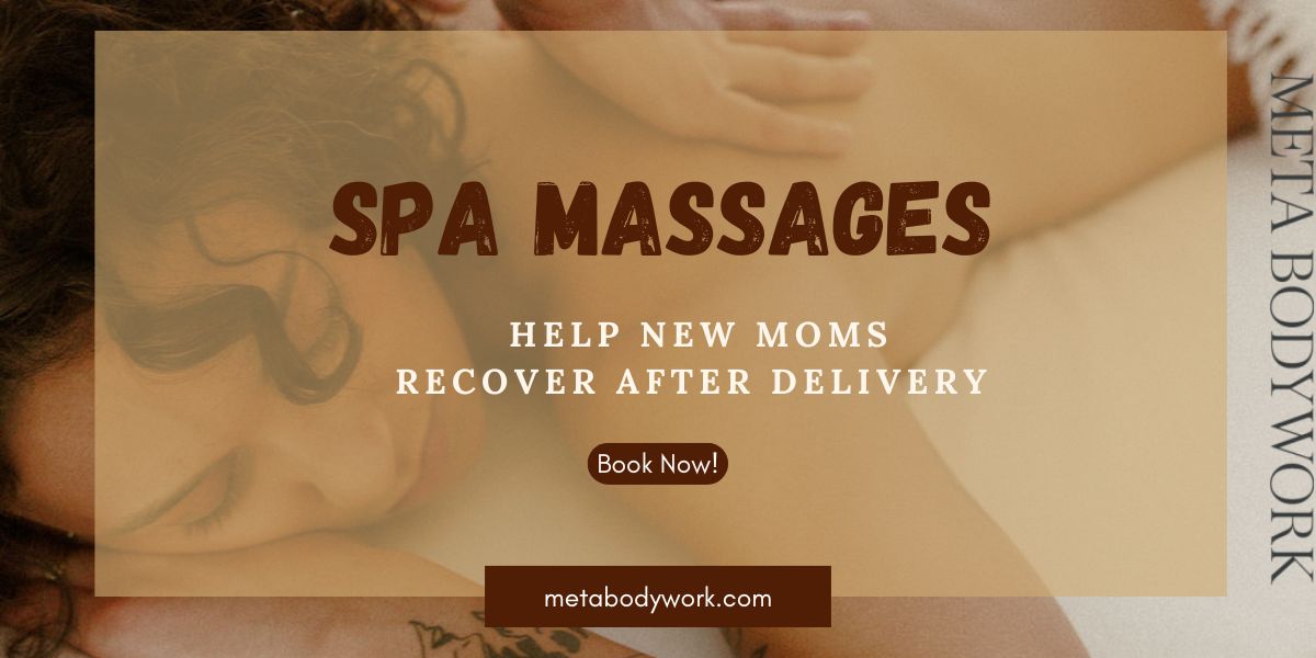 New mom enjoying a relaxing postpartum massage at META Bodywork Spa in Jersey City.