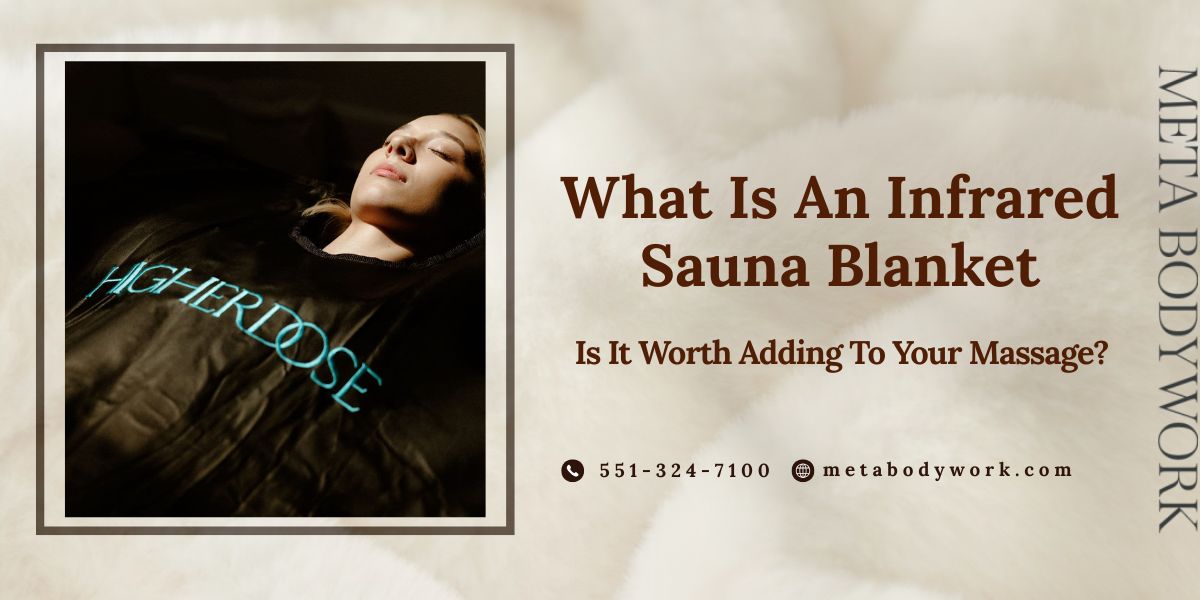 Woman relaxing inside an infrared sauna blanket during a wellness session, enjoying gentle far-infrared heat therapy to support detoxification, muscle recovery, stress relief, and enhanced massage benefits.